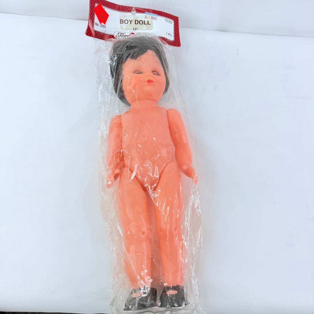 Vintage Fibre-Craft Boy Doll 13 Inch Black Hair Sleepy Eyes No. 3095 New in Bag